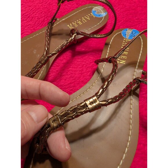 Lauren Ralph Lauren Avril Bronze Braided Strappy Sandals Size 7.5B Flat Thong - Picture 3 of 6